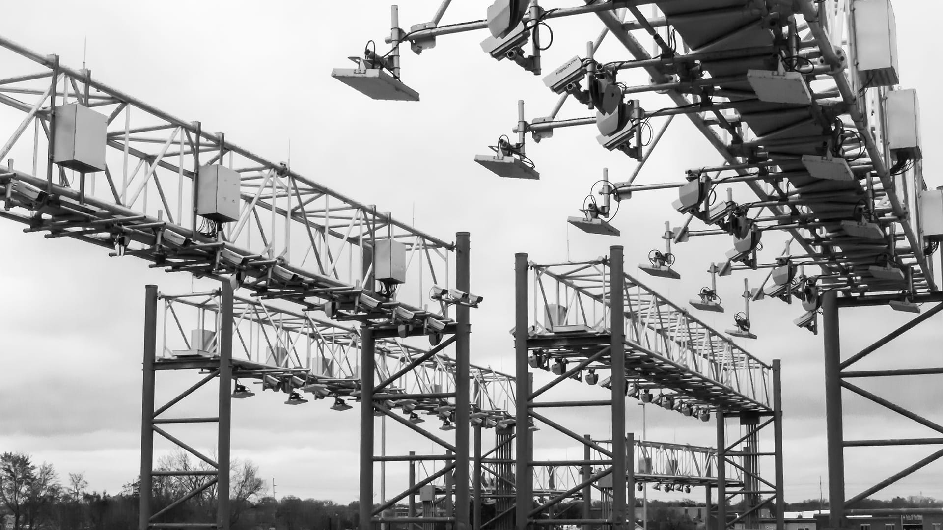 Large ITS camera and sensor gantry array spanning a multi-lane highway — James H Drew Corporation intelligent traffic system installation